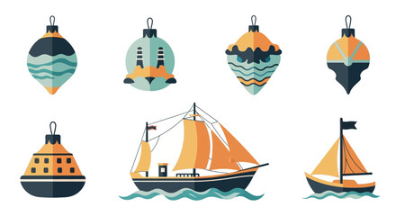 Ornaments with Festive Nautical and Industrial Themes in Modern Flat Design Style © Salsa
