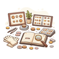 Coin collection display with magnifying glass and plant