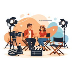 Filmmaking scene with actors and equipment illustration