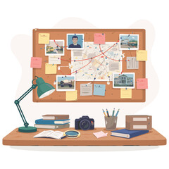 Investigation board with photos and notes illustration