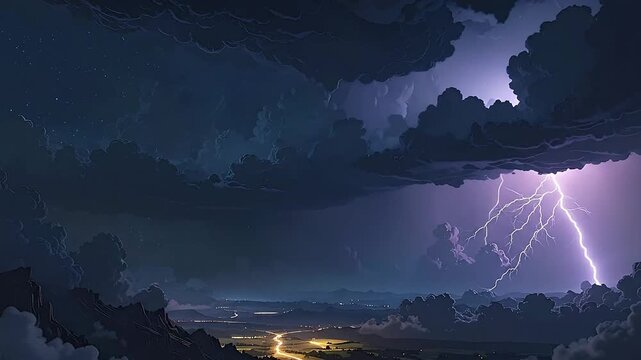 Dramatic lightning strikes illuminate the night sky over a landscape, creating a powerful