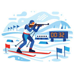 Biathlon athlete aiming at target with timer in background