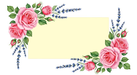 Elegant floral border design with pink roses and green foliage on a cream background