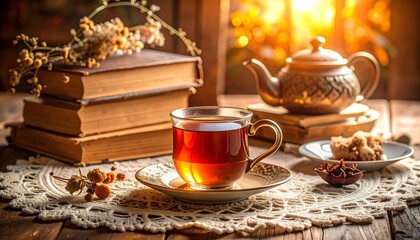 Fototapeta premium Golden Hour Tea Time: A Glass Cup of Tea with Vintage Books and Teapot