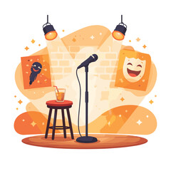 Comedy stage with microphone and drink on stool