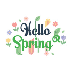 Fototapeta premium Hello Spring cute illustration with colorful flowers, birds, bees and pastel