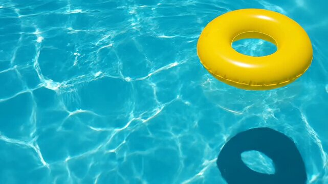 Bright yellow inflatable ring floating gently in a refreshing swimming pool on a sunny day reflecting natural light