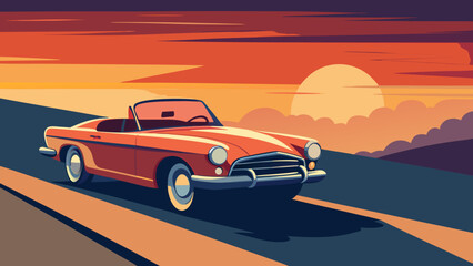 Fototapeta premium Vintage convertible speeding down highway at sunset