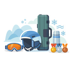 Ski gear essentials with medals and thermos