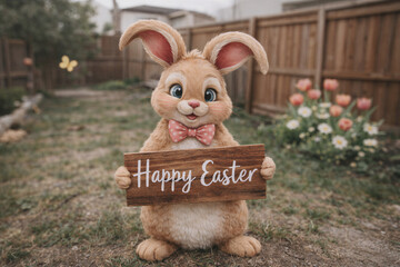 Cute Easter Bunny Holding Wooden Sign
