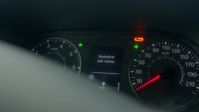 Driver attentively oversees every display and alert indicator on dashboard, Vehicle operator diligently watches all dashboard gauges and warning indicators for safety and performance 