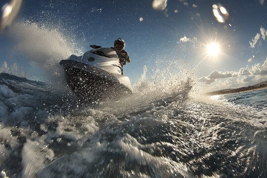 Jet ski rider speeding across water with dynamic spray and sunlight creating exciting and energetic outdoor scene on clear day