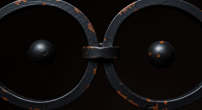 Detailed close-up of heavy, antique black wrought iron scrollwork, showing texture and aged rustication on a dark surface background ,decoration ,rustic ,architectural