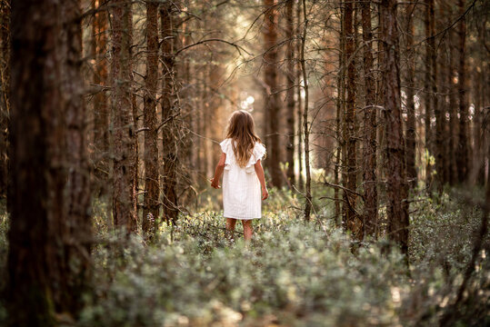Girl in white dress walking into the forest