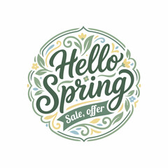 Hello Spring cute illustration with colorful flowers, birds, bees and pastel