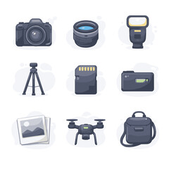Photography Equipment Icon Set with Camera and Accessories