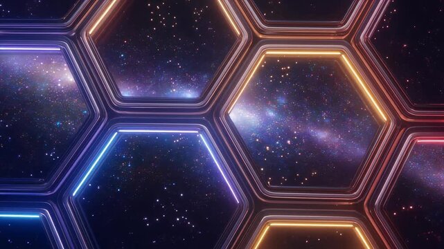 Futuristic hexagonal space window with glowing lights showing galaxy stars and cosmic nebula background