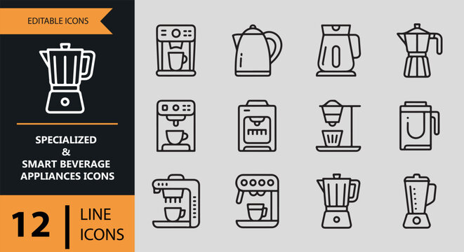 Smart Beverage Machines and Drink Appliances Outline Icons Set