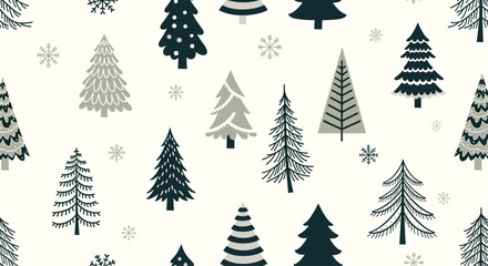 Fototapeta premium Minimalist seamless pattern featuring various green and grey stylized pine trees and white snowflakes on a light cream background.