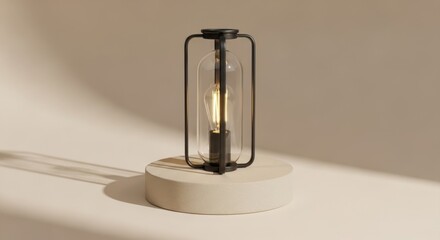 Minimalist industrial style table lamp with a glowing Edison bulb encased in clear glass and a black metal frame, resting on a light beige concrete pedestal against a warm neutral background