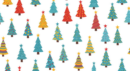 Obraz premium Playful seamless pattern showcasing a variety of colorful and decorated Christmas trees in different styles and sizes on a white background.