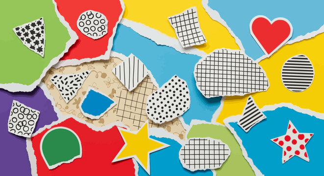 Abstract Colorful Paper Collage Featuring Geometric Shapes and Diverse Patterns