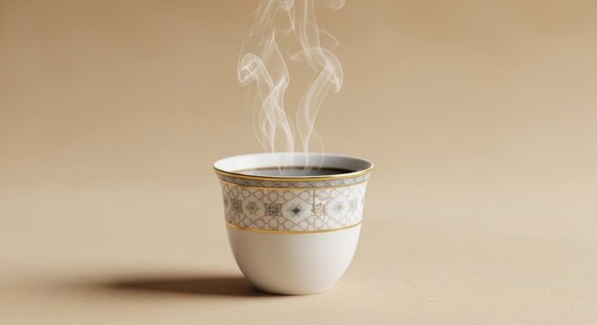 Steaming hot traditional Arabic coffee served in a small white and gold patterned cup, isolated on a light beige background.
