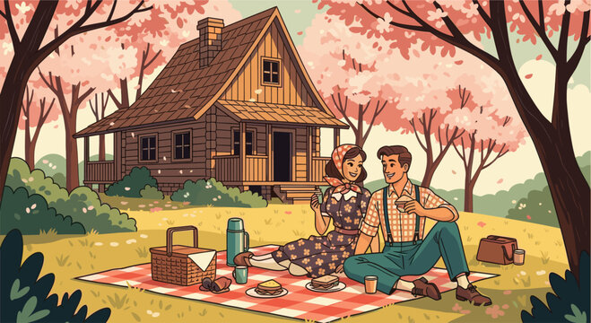 Retro illustration of a couple picnicking by a cabin in a blossoming orchard. Features a vintage aesthetic and idyllic setting. Good for travel, lifestyle, or spring concepts.