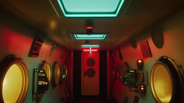 Futuristic spaceship interior hallway lit by red and cyan neon, porthole windows and glowing control panels leading to a distant door, mysterious sci fi corridor for exploration