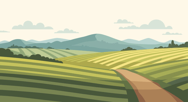 Illustration of a peaceful rural landscape with green fields, mountains, clouds and a path. Suitable for backgrounds, presentations, websites, and editorial use relating to agriculture.