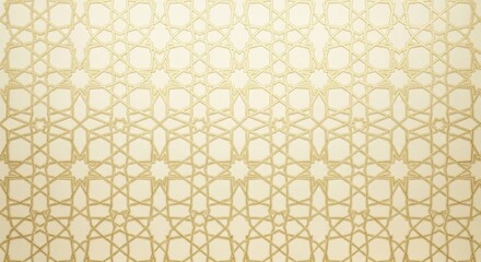 Seamless geometric Islamic pattern in a subtle beige and gold color palette, featuring a repeating lattice design with intricate star and octagon shapes, creating an elegant background texture.