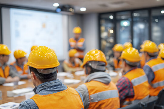 Construction workers safety training meeting room hard hats orange vests teamwork industrial safety group discussion workplace safety engineering team safety briefing professional training indoor