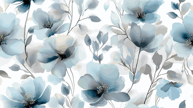 Delicate watercolor flowers creating seamless floral pattern. Soft pastel blue and gray flowers floating as an elegant botanical pattern