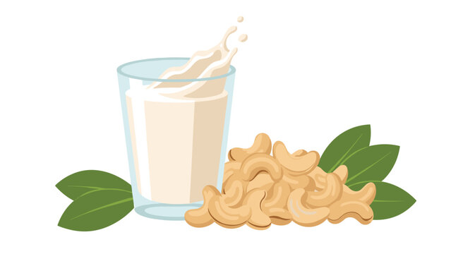 Healthy glass of vegan cashew milk with a large splash effect surrounded by several raw cashew nuts and green foliage.