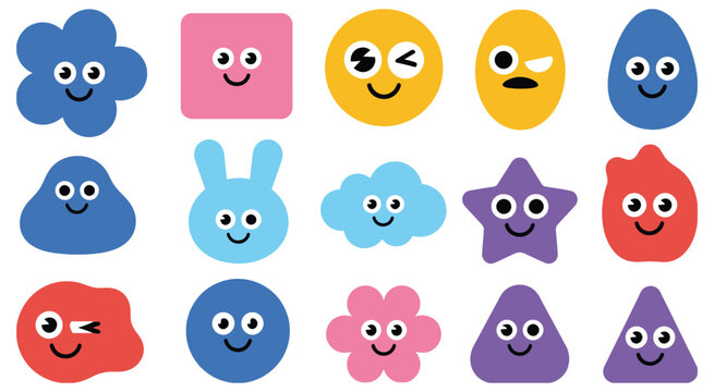 Cute colorful abstract shape face vector set with smiling cartoon characters in playful modern flat design style for ranked fun graphics, children&rsquo;s illustrations, app icons, social media visuals