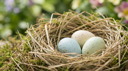 Obraz premium Grass nest with three pastel-colored eggs surrounded by greenery 