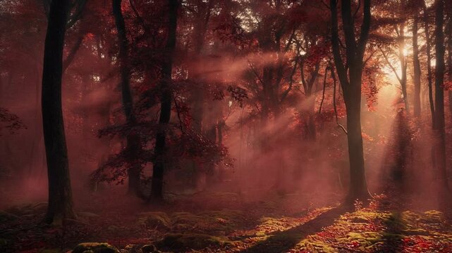 Sunlight streaming through autumn forest with red and orange leaves creating peaceful natural scenery