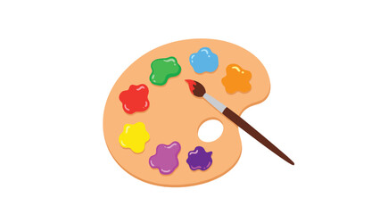 Wooden artist palette with colorful dabs of paint and a paintbrush ready for creative work on a white background.