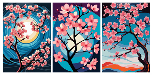 Cherry blossom triptych vector with pink flowers and full moon, Japanese style art. © hadi