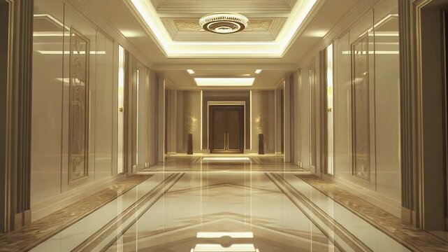 Luxurious hotel corridor extending into the distance, featuring polished marble floors reflecting elegant lighting, intricate gold details, and sophisticated recessed ceiling panels