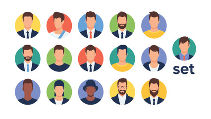 Fototapeta premium Diverse collection of male avatar icons in colorful circular frames representing various hairstyles and professional business looks for profiles.