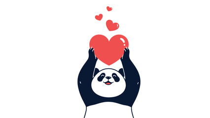 Fototapeta premium Lovable panda illustration holding a large red heart with several smaller hearts floating above to convey feelings of love and affection.
