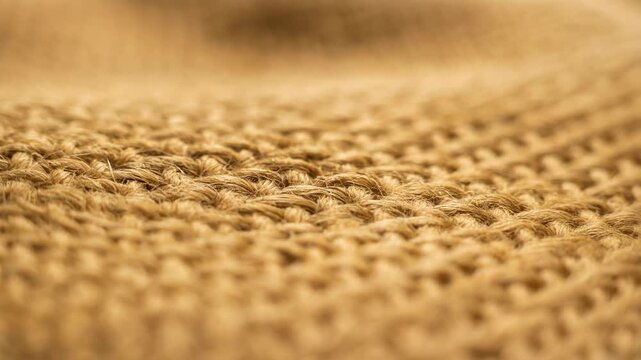 Close up texture of natural woven jute fabric showing detailed fibers and warm earthy tones