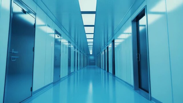 Long, symmetrical corridor in a modern science laboratory or hospital, featuring multiple closed doors and high tech lighting, creating a sense of sterile efficiency and innovation