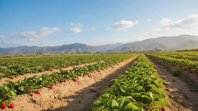 Fresh strawberry field with ripe red berries under blue sky and mountain landscape in the background