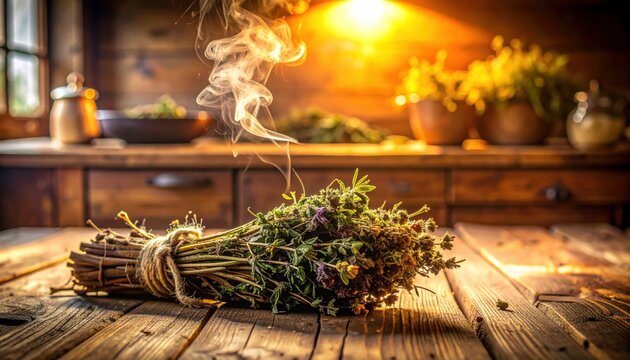 A FlyPro Firefly photorealistic DSLR style image showcasing a tightly bound bundle of dried, medicinal herbs emitting a faint, earthy aroma in warm, ambient light.