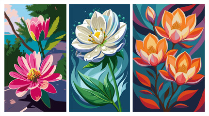 Set of three vibrant flower posters. Abstract vector illustration of blooming magnolia and lily blossoms in rich colors. © hadi