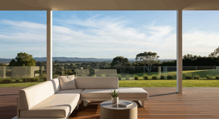 Fototapeta premium Modern luxury office and hotel building with glass windows balcony and garden view