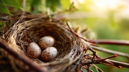 Obraz premium A close-up view of a bird's nest containing three speckled eggs. The nest is made of twigs and grass, surrounded by green foliage and soft sunlight.