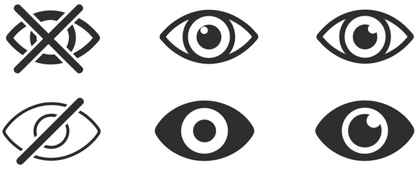 Eye icon set, retina scan eye icons, eyesight symbol, simple eyes collection, privacy settings, show or hide symbols, visibility and hidden eye icons for top ranked interface visuals, mobile app © vector gelary